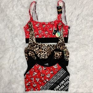 VS Pink set 3 Sport Bras Red Black Animal Print XS